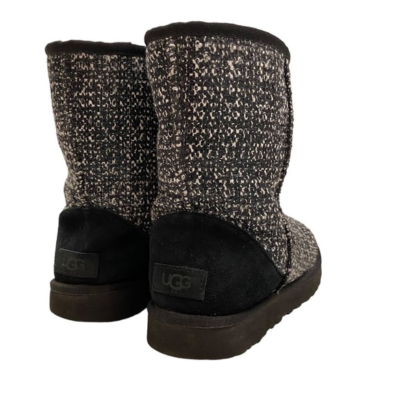 UGG Rare Classic Short Mid-calf Frill Tweed Suede Sheepwool Black Boots Size 7 - Picture 6 of 10